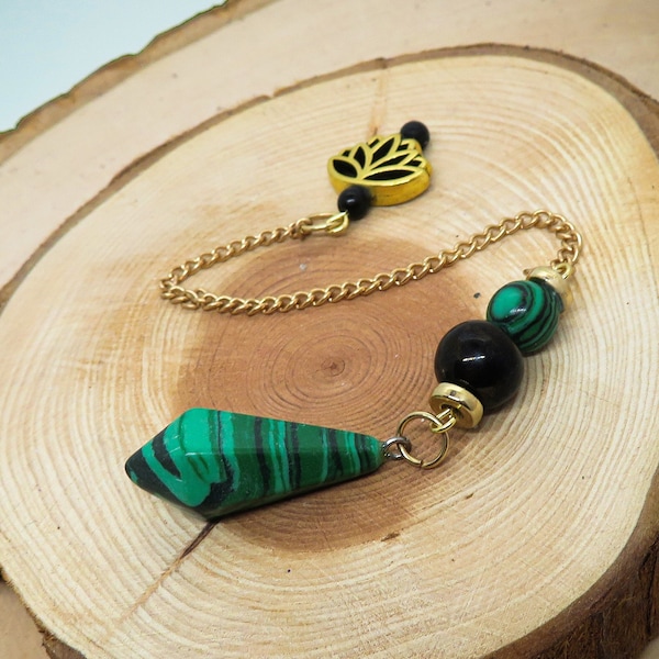 Malachite Pendulum with an Obsidian and Malachite Bead and a Lotus Flower with Obsidian Top Custom Made