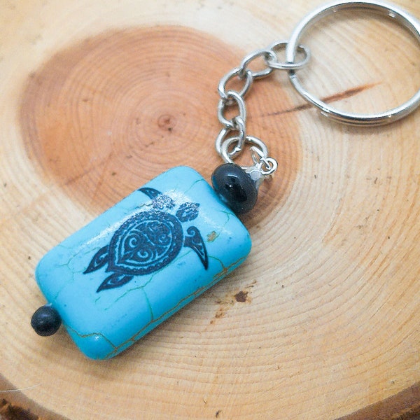 Turquoise Painted Turtle Key Chain with One Jet Agate Bead, and One Onyx Bead | Custom Made