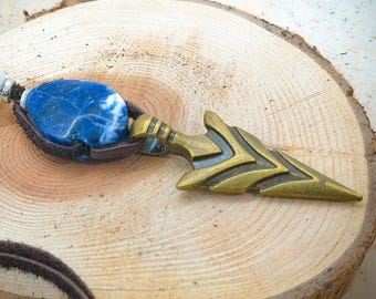 Sodalite with Bronze Arrow Head Pendant Necklace with a Rainbow Moonstone  Bead Custom Made (Adjustable Length)