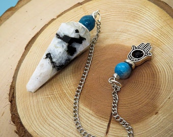 Rainbow Moonstone Pendulum with Apatite, Onyx, and Hamsa Hand Beads Custom Made