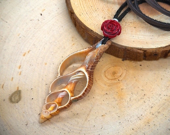 Brown Sea Shell Slice Necklace with Cinnabar Flower Bead Custom Made (Long Adjustable)