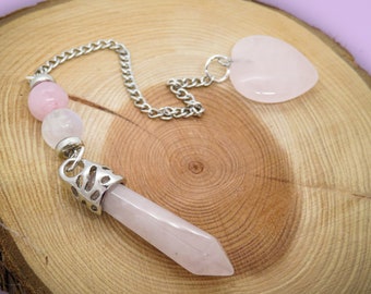Unique Rose Quartz Pendulum with Rainbow Moonstone and Rose Quartz Beads & Rose Quartz Heart Top