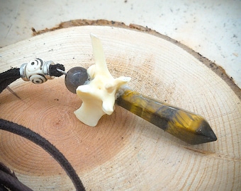 Real Rattle Snake Vertebrae Bone with Tiger Eye Pendant with Meteorite Bead and Buffalo Bone Bead Necklace (Long Adjustable)