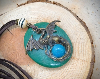 Aventurine Pendant with Bronze Dragon Charm with Apatite Stone and Buffalo Bone Bead Necklace Custom Made (Adjustable Length)