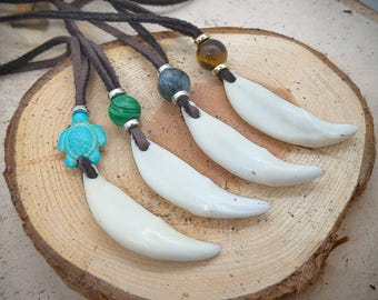 Real Wolf Tooth Pendant Necklace with either Turquoise Turtle, Malachite, Larvikite, or Tigers Eye  Bead (Long Adjustable)