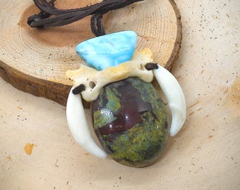 Real Prairie Dog Clavicle Bone and Wolf Teeth with Dragon Blood Jasper and Larimar Stone Necklace Custom Made (Long Adjustable)