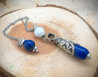 Lapis Lazuli Pendulum with Rainbow Moonstone: Tibetan Style, Handmade