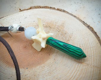 Real Rattle Snake Vertebrae Bone with Malachite Pendant with Rainbow Moonstone Bead and Buffalo Bone Bead Necklace (Long Adjustable)