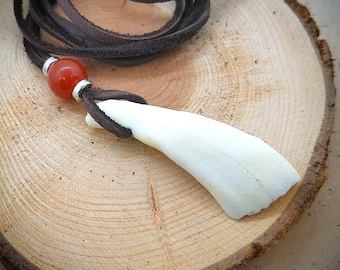 Real Buffalo Tooth Necklace with Red Carnelian Bead Custom Made (Adjustable Length)
