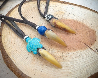 Real Turtle Claw Pendant Necklace with either Turquoise Turtle, Lapis Lazuli, or Dyed Buffalo Bone Bead (Long Adjustable)