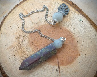 Dragon Bloodstone Jasper Pendulum with two Labradorite beads, and a Metal Leaf Topper, Custom Made
