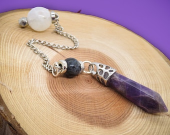 Amethyst Pendulum with a Larvikite Bead and a Rainbow Moonstone Top Bead Custom Made