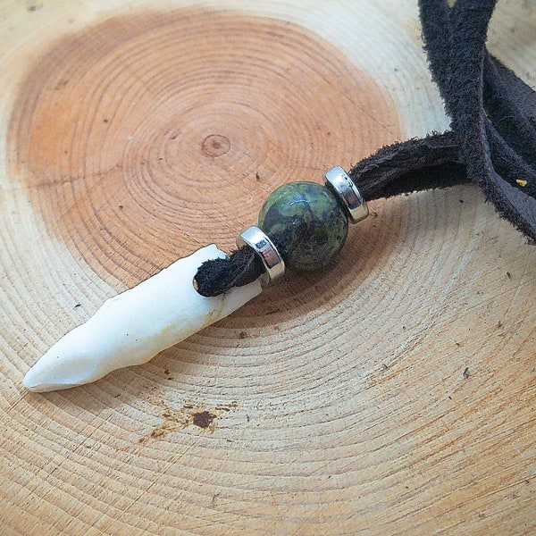 Real Alligator Tooth (SMALL) Pendant Necklace with Dragon Blood Jasper Bead Custom Made (Long Adjustable)