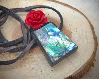 Abalone Shell Necklace, Cinnabar Flower Bead, Deer Leather Lace