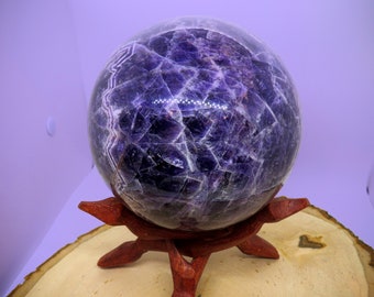 Chevron Amethyst Carved Ball Large Statue With Carved Wooden Stand