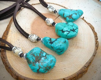 Turquoise Stone Pendant Necklace with Spiral Carved Buffalo Bone Bead Custom Made (Adjustable Length)