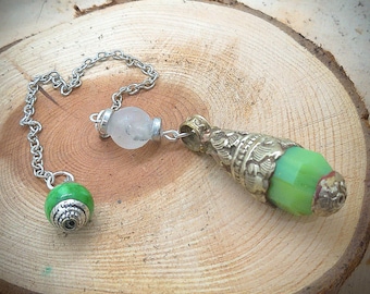 Tibetan Style Emerald Pendulum with Rainbow Moonstone and Emerald Beads | Custom Made