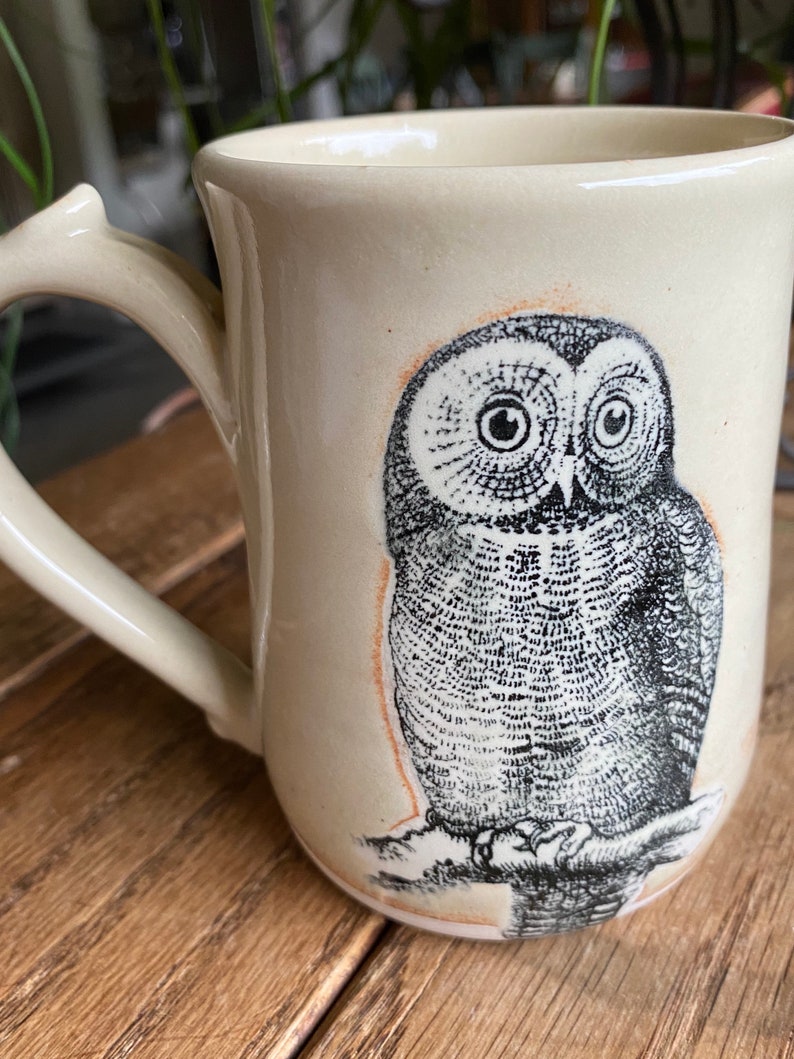Owl Mug in Green or Cream Stoneware Beige