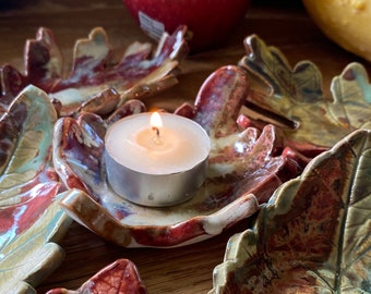 Set of Fall Leaf Votive Holders Stoneware Tea Light Holders