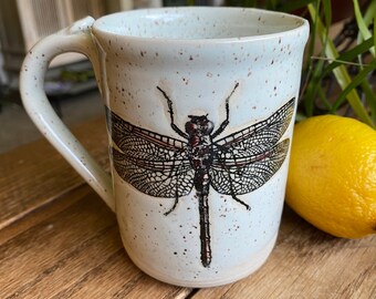 Stoneware White Speckled Dragonfly Coffee Cup