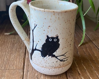 Halloween SALE - Speckled Scary Owl Hand Thrown Stoneware Mug Cup