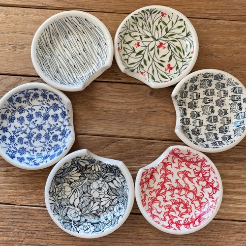 Spoon Rests Hand Thrown in White Stoneware With Glaze Patterns Etsy