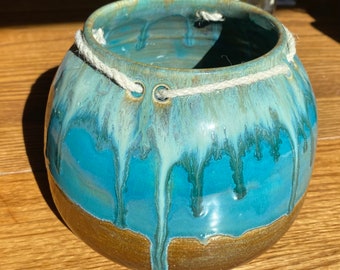 Aqua Blue Wave Stoneware Pot With Brown Base and Cord Accent