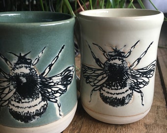 Bee Cups in Cream or Green Stoneware