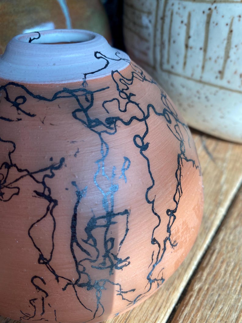 May include: A terracotta-colored ceramic vase with a light pink rim and black abstract line art. The vase has a rounded body and a narrow neck. Another ceramic piece is visible in the background.