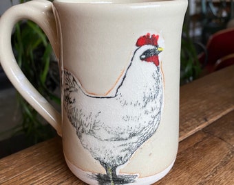 Hand Thrown Stoneware Chicken Mug Cup In A Cream Shino Glaze