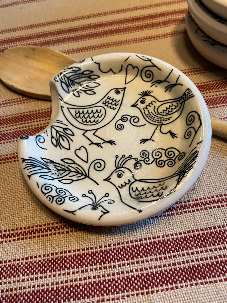 Bird Spoon Rests Hand Thrown In White Stoneware with Glaze Patterns image 1