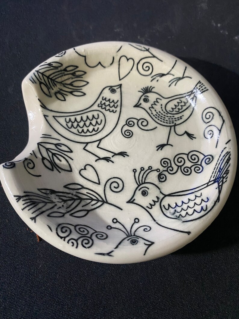 Bird Spoon Rests Hand Thrown In White Stoneware with Glaze Patterns image 4