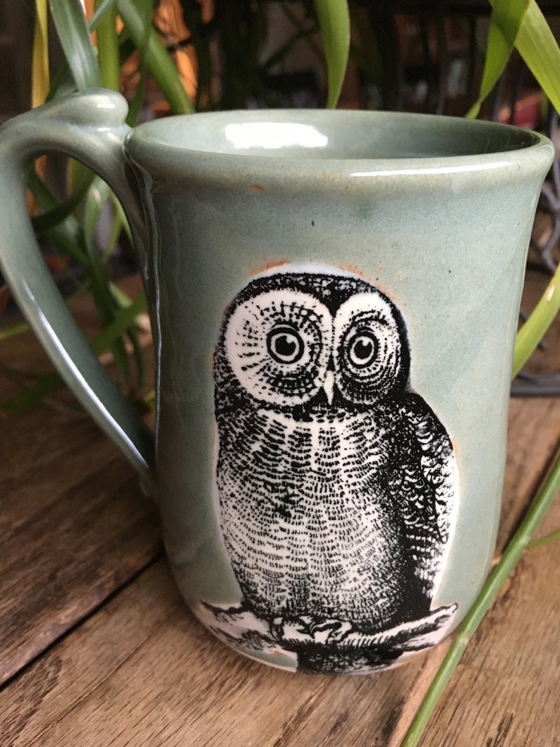 Owl Mug in Green or Cream Stoneware Green