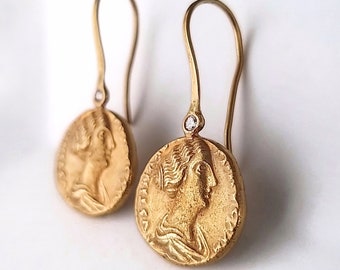 Pendientes colgantes de moneda romana de oro macizo con diamantes: réplica de museo, joyería antigua
