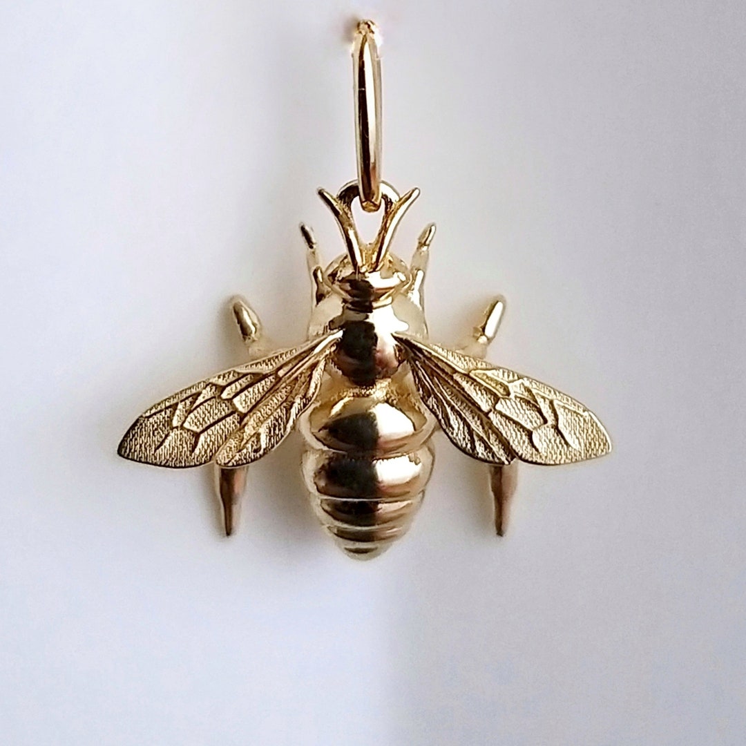 Solid Gold Realistic Bee Charm, Bug Insect Pendant Necklace, Nature