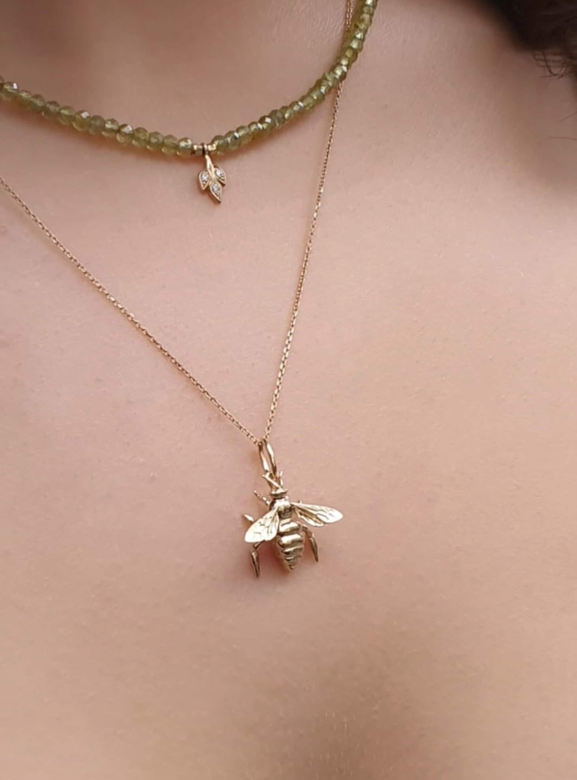 14K Solid Gold Bee Pendant Necklace Gold Bug Insect Charm Etsy