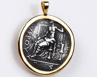 Solid Gold & Sterling Silver Zeus Coin Pendant: Greek Mythology Medallion, Ancient Jewelry, Museum Replica