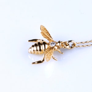 14K Solid Gold Realistic Bee Pendant Necklace With Diamond Bug Insect Charm Unusual Nature Animal Jewelry Birthday Gift Unique Gift For Her