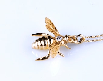 Collar con colgante de abeja en oro de 10 quilates y 14 quilates: dije de insecto con diamantes, joyería natural