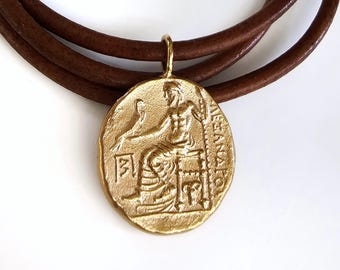 Collar de moneda de Zeus en oro macizo y cuero, medallón de mitología griega, réplica de museo, joyería antigua