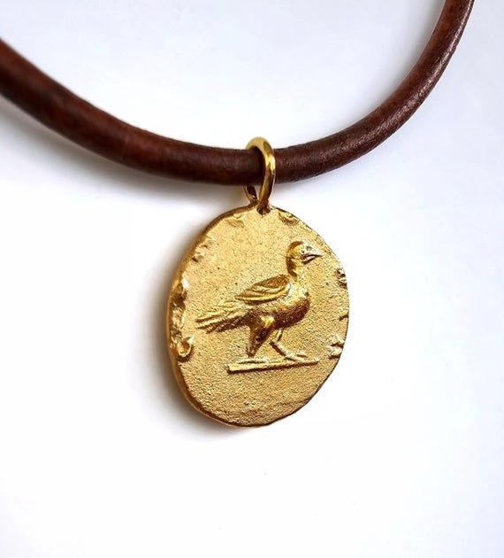 Gold Roman Coin Leather Necklace Ancient Coin Disc Jewelry Antique