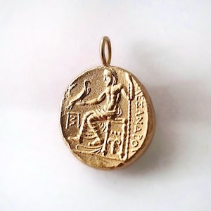 Gold Ancient Coin Pendant Greek Mythology Medallion Antique Greek Gods Jewelry Alexander Great Coin Unique Gift For Her Gift For Him
