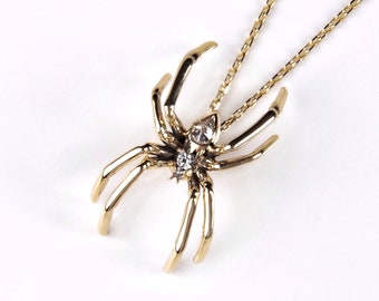 Diamond 14K Solid Gold Realistic Spider Necklace, Halloween Jewelry, Spooky Jewelry, Insect Bug Pendant, Gift For Her, Unique Birthday Gift