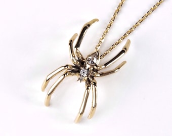 Collar de araña de diamantes: colgante de Halloween de oro macizo de 14 quilates