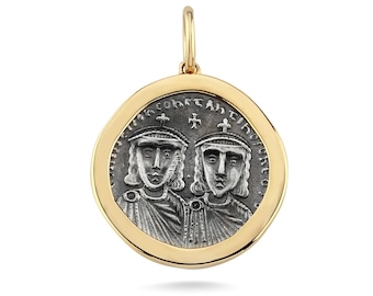 Colgante de moneda bizantina de oro macizo de 14 quilates y plata de ley: medallón griego antiguo, réplica de museo, joyería histórica