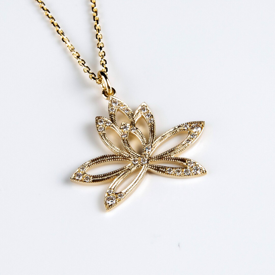 Diamond Lotus Necklace 14K Solid Gold Dainty Flower Pendant Etsy