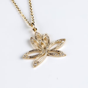 Diamond Lotus Necklace, 14K Solid Gold Flower Pendant, Dainty Jewelry