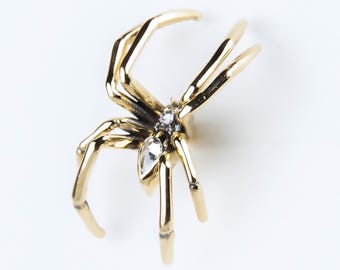 Pendiente de araña con diamantes de 14 quilates: joyería espeluznante de Halloween, araña realista de oro macizo