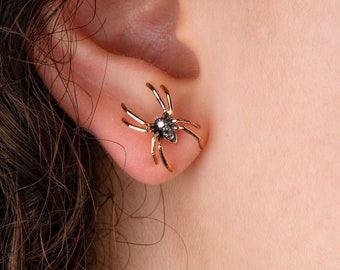 Diamond 8K Solid Gold Realistic Spider Stud Earring, Halloween Jewelry, Nature Insect Bug Post, Spooky Jewelry, Gift For Her, Gift For Him