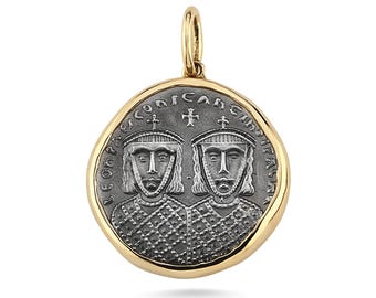 Colgante de moneda bizantina de oro macizo de 10 quilates y plata: medallón griego antiguo, réplica de joyería de museo